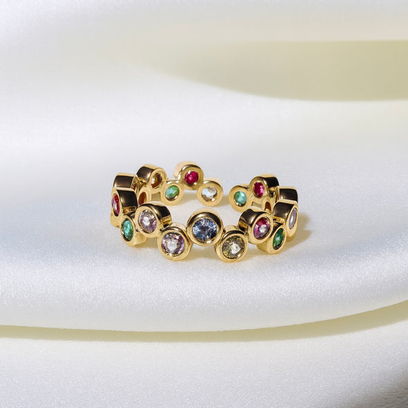 Naomi | Bague ajustable dorée en acier inoxydable et pierres multicolores