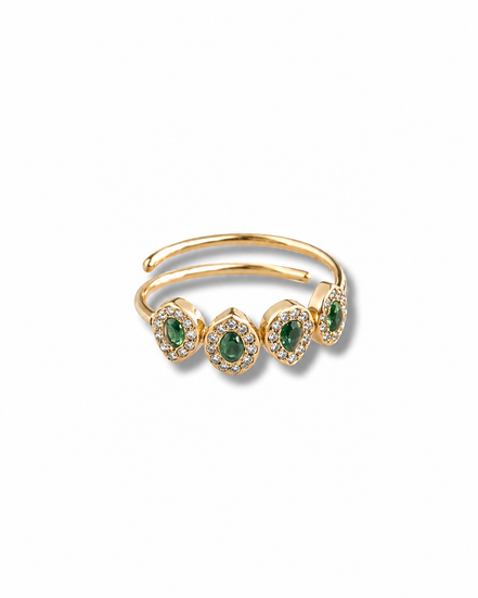 Bague ajustable dorée en acier inoxydable - pierres vertes et blanches