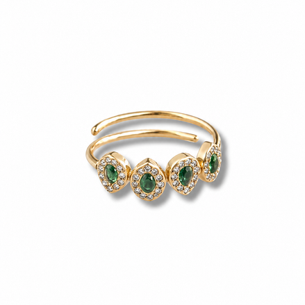Bague ajustable dorée en acier inoxydable - pierres vertes et blanches