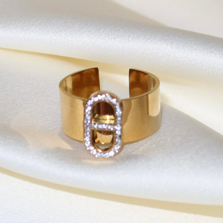 Bague ajustable dorée en acier inoxydable ancre avec pierres scintillantes | Indira
